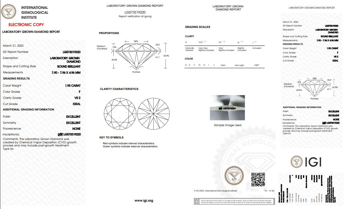 Round Cut Lab Grown Diamonds From 1.70 Carat to 2.00 Carat IGI Certificated F VS2